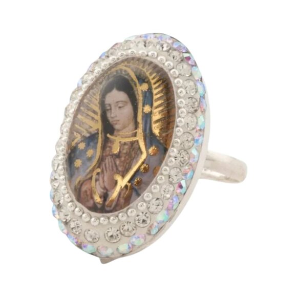 SEED & SAGE Made In Mexico Sterling Silver Crystal Oval Virgin Mary Ring